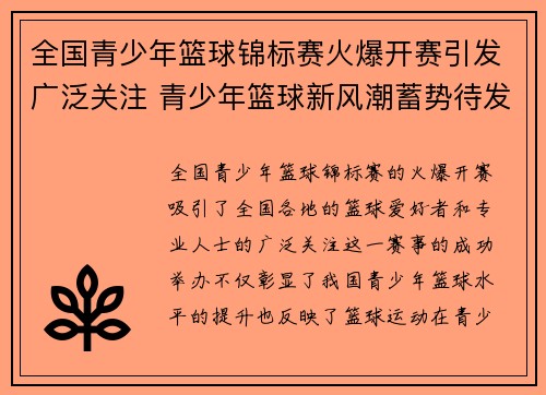 全国青少年篮球锦标赛火爆开赛引发广泛关注 青少年篮球新风潮蓄势待发